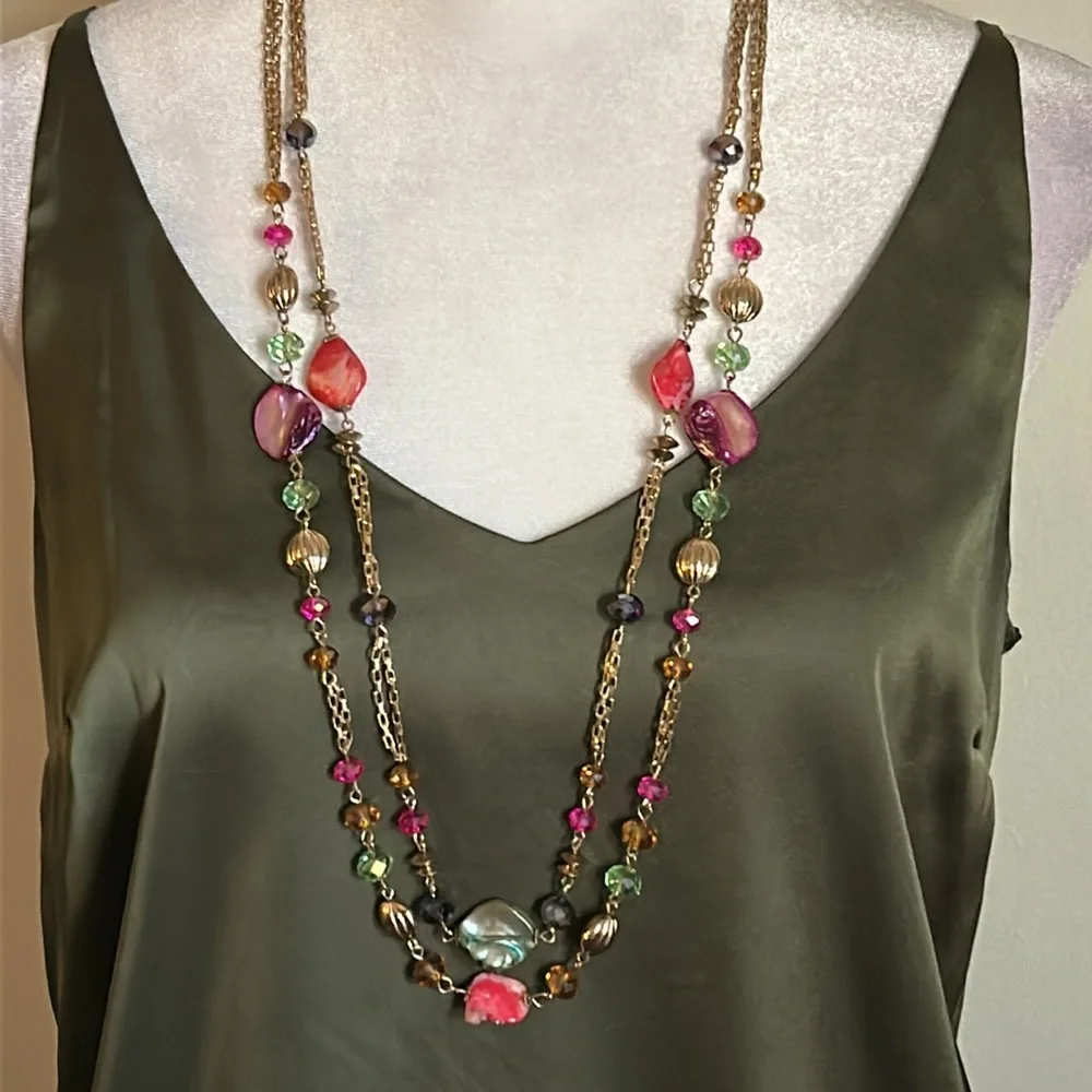 Multi-Layered Gold Chain Station Necklace with Shell and Faceted Beads